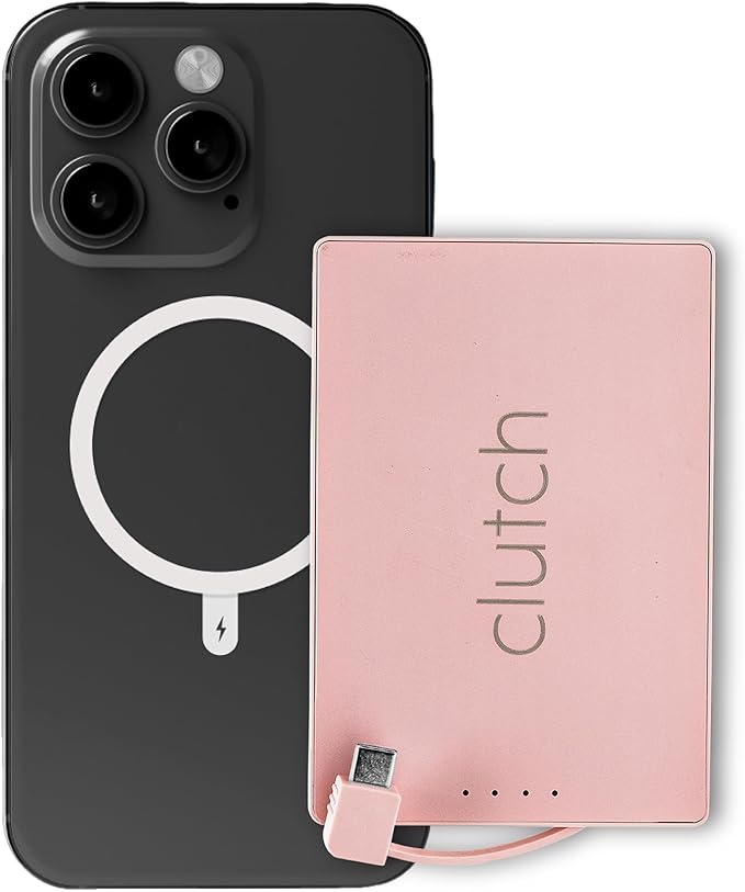 Clutch - Pro USB-C Portable Charger - Compatible with iPhone 15, 16 & Android Devices - Power Bank Magnetic Battery - TSA Travel Approved - USB Rechargeable - Built-in Cable - 5000 mAh - Pink & Black