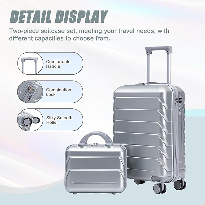 Kids Luggage Sets for Girls, 2 Piece Luggage Set, 20 Inch Rotating Wheel Suitcase with 14 Inch Cosmetic Case, Lightweight Hardshell Suitcase with 360° Spinner Wheels for Travel (Silver)