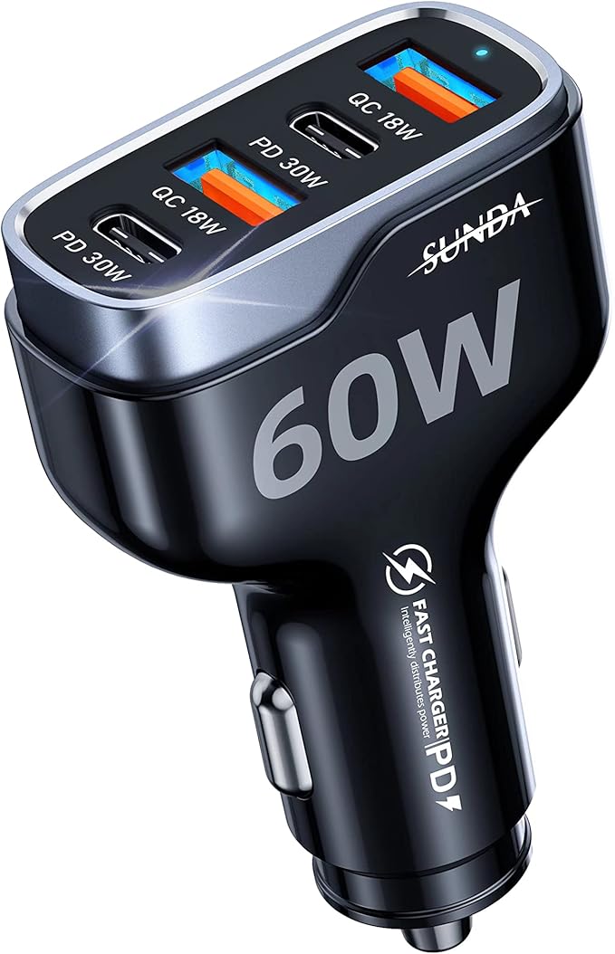 SUNDA 60W USB C Fast Car Charger | 4-Ports Car Charger Adapter | Dual Type C PD30W/PPS30W Compatible with iPhone17/16 Pro/Max/iPhone15/Galaxy/SamsungS25 | Dual USB-A 18W QC3.0 for Android(Black)