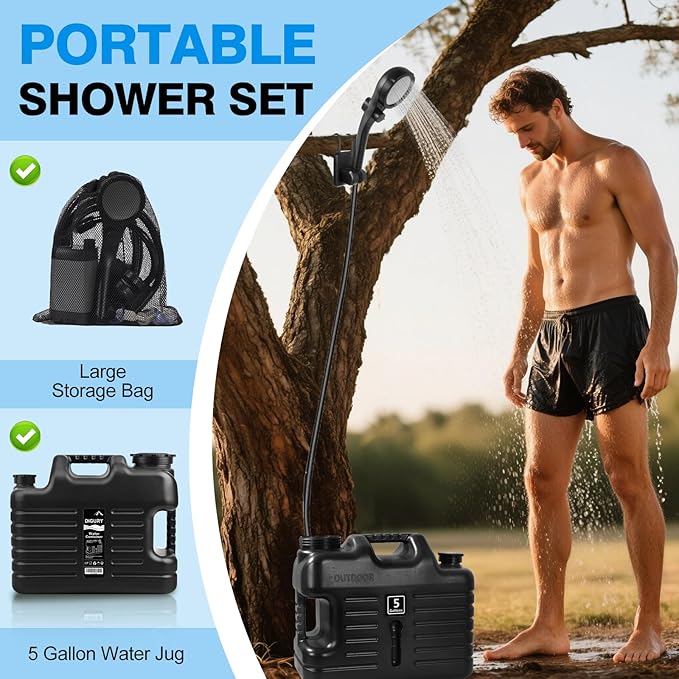 Digury Portable Camping Shower with 5 Gallon Water Jug, 6000mAh Rechargeable Outdoor Camping Shower Kit, IPX7 Waterproof Pump BPA Free Water Containers Camp Essentials