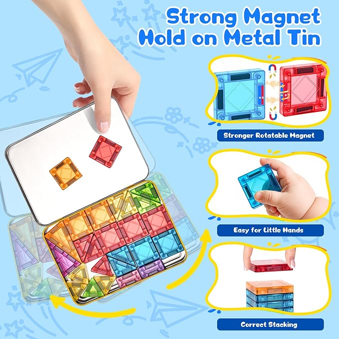 Magnetic Tiles Magnetic Blocks Building Toy: Portable Mini Magnetic Tiles Travel Set 48 Pieces Montessori Toys Birthday Gift for Kids Girls and Boys Ages 3-12 Years Old Preschool Classroom Must Haves