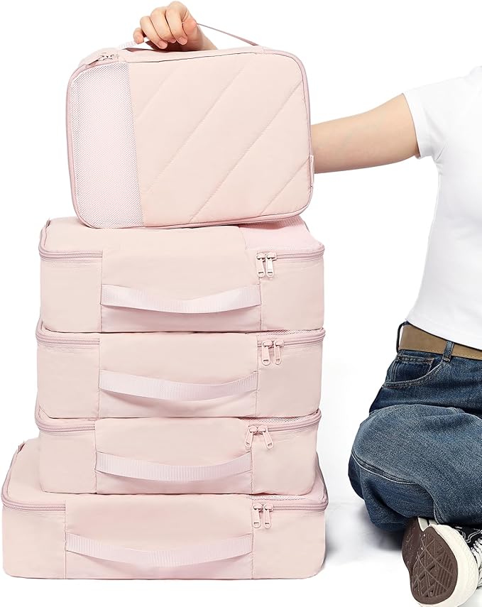 NISHEL 6 Set Packing Cubes for Travel, Luggage Organizer Bags with Shoe Bag, Lightweight, Durable Space Saver Bags Travel Essentials, Pink
