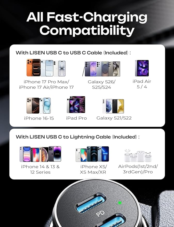 AINOPE 67.5W [Mini&Metal] Cigarette Lighter Adapter Car Charger USB C Fast Charging, PD&QC Cigarette Lighter USB Charger 12V Outlet Plug Socket for iPhone 17 16 15 14 Pro Max, Samsung S26 S25