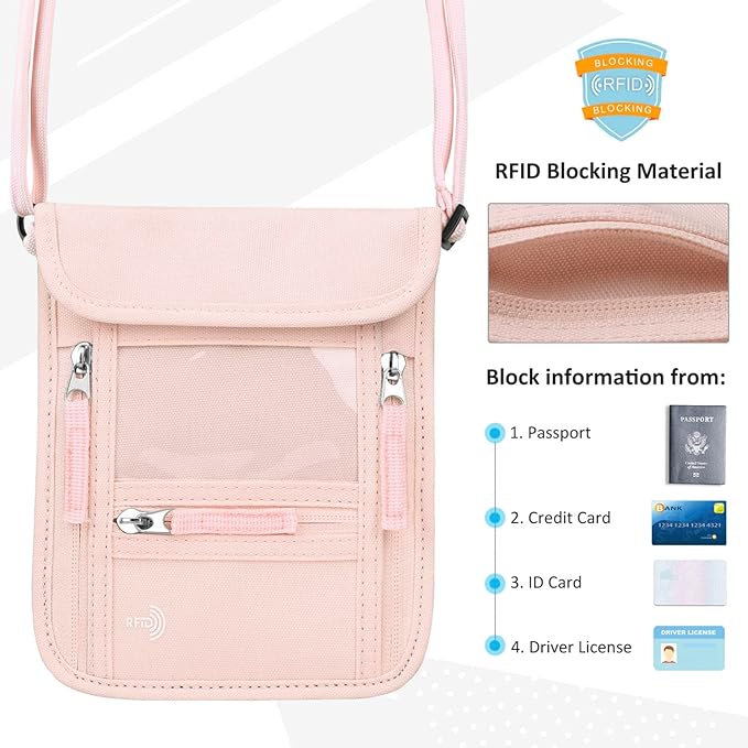 WALNEW Passport Holder Neck Pouch Travel Wallet for Women and Men, RFID Blocking Security Slim Traveling Wallet with Around Neck Lanyard Strap, Pink