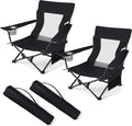 HaSteeL Folding Beach Chair Set of 2, Foldable Black Camping Chairs for Outside, Low Beach Chair Portable for Adults Fishing, Picnic, Outdoor BBQ, Travel, Sports, Cup Holder & Storage Bag