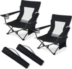 HaSteeL Folding Beach Chair Set of 2, Foldable Black Camping Chairs for Outside, Low Beach Chair Portable for Adults Fishing, Picnic, Outdoor BBQ, Travel, Sports, Cup Holder & Storage Bag