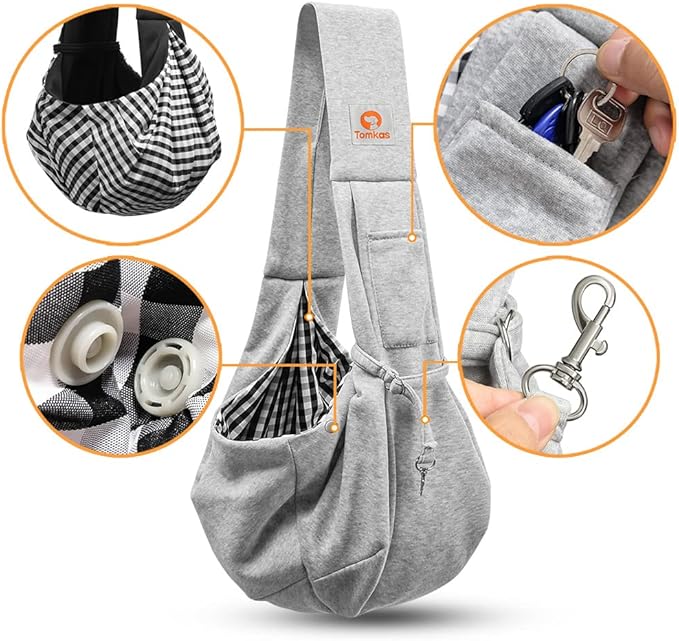 Tomkas Small Dog Sling Carrier - Cat Sling Carrier - Classic Pocket & Classic Strap - for 2-7 lbs Pets(Grey)
