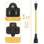 4-in-1 12AWG 15 Amp Household AC Plug to 20 Amp T Blade Adapter Cable, NEMA 5-15P to 5-20R/ 5-15R/ 6-20R/ 6-15R, 4 in 1 AC Adapter,15Amp 125V to 20Amp 250V Extension Cable, 1FT-Yellow