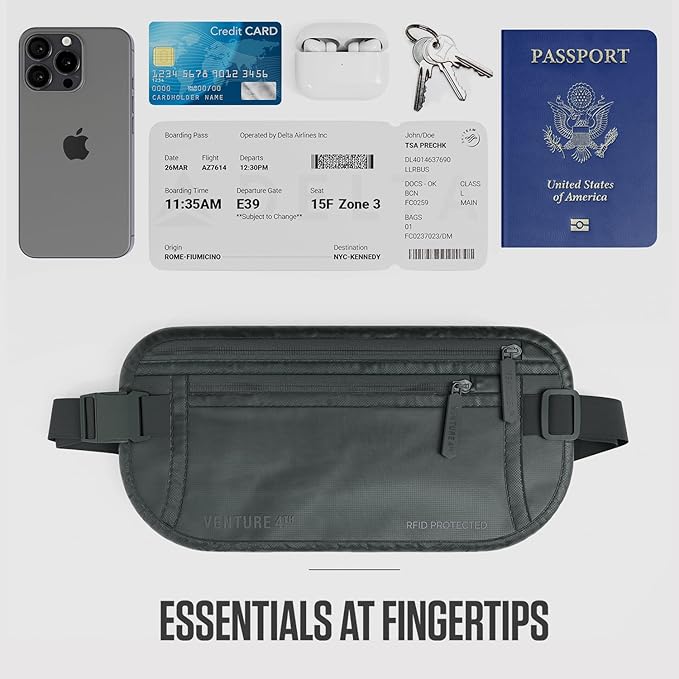 VENTURE 4TH Money Belt for Travel – Slim Hidden Under-Clothes RFID Blocking Anti-Theft Passport Holder & Travel Wallet Pouch for Men & Women to Protect Cash, Cards & Documents (Sleek Gray)
