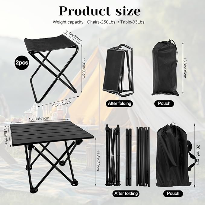 Folding Camping Table with Chairs Lightweight Picnic Table and 2 Chairs for Beach Hiking Travel Fishing BBQ,Outdoor Sturdy Table and Chairs Set with Storage Bags