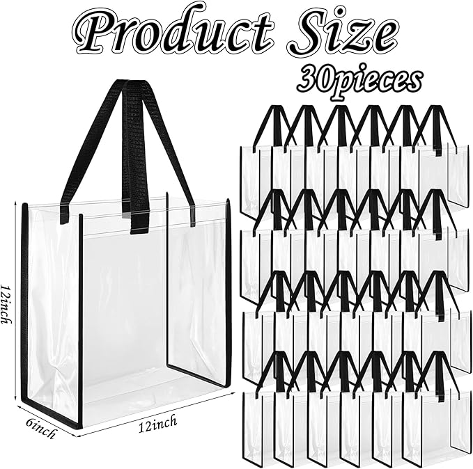 Eccliy 30 Pack 12x12x6 Inch Clear Tote Bag Stadium Approved Bulk Plastic Beach Tote Gift Bag with Handle for Gym Sports | 30 Pack, 12x12x6 Inch, Stadium Approved, Bulk, with Handle, Tote Gift Bag