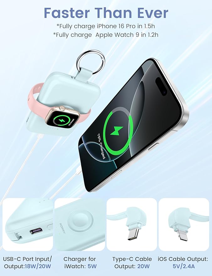 RORRY CharmGo Portable Charger, 10000mAh 20W Fast Charging Portable Charger Power Bank with Built in Cables, Travel Battery Pack for iPhone 17/16/15/14/13/12 and Apple Watch, Purple