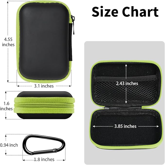 Earbud Case Portable EVA Storage Bag Cell Phone Accessories Organizer with Carabiner for Wired/Wireless Earphone, Earbud, Earpieces, SD Memory Card, Camera Chips, Tech Pouch, Rectangle, Green