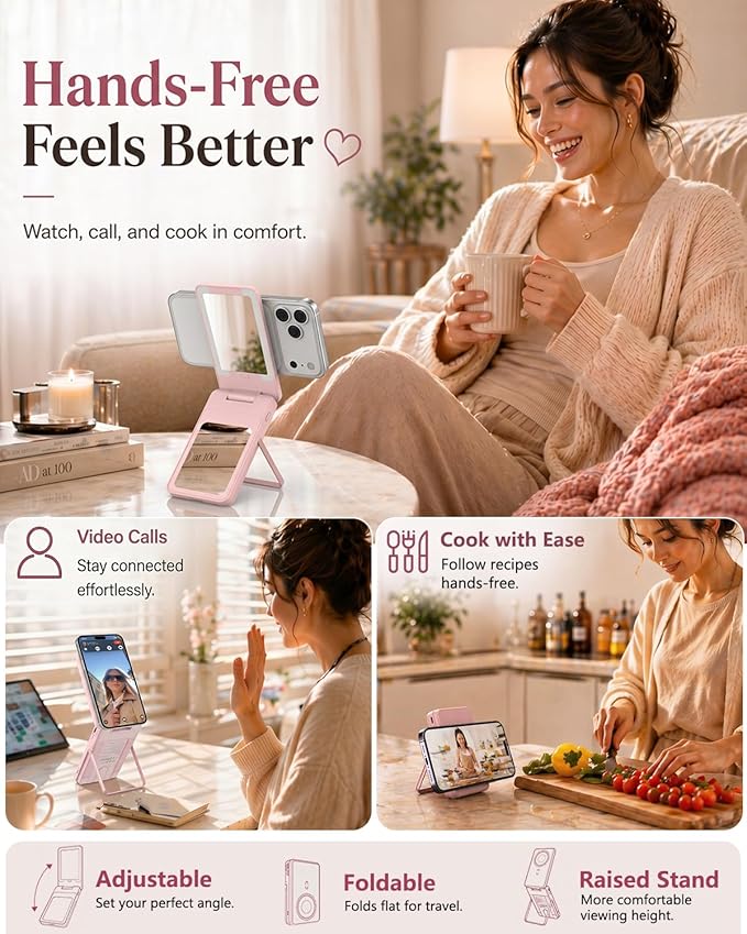 5-in-1 Magnetic Wireless Power Bank, 5000mAh Portable Charger with Mirror, Stand, Bluetooth Remote & Card Holder, MagSafe Compatible Travel Essential for iPhone&Samsung, USB-C Cable Included, Pink