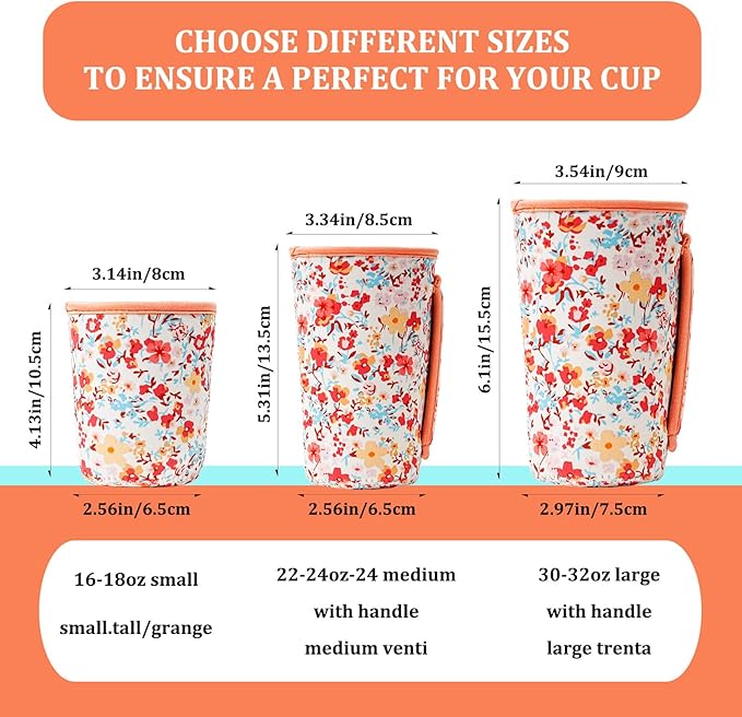 KJQJLY 3 Pack Reusable Iced Coffee Sleeves for Iced Coffee Cups or Drinks Reusable Neoprene Insulated Sleeves for Hot and Cold Drinks from Starbucks, Dunkin, And More (Light orange floral)