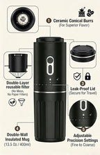 Portable Coffee Maker, Travel Coffee Maker, Portable Battery Pour Over Set, Rechargeable Coffee Maker with Electric Grinder & Insulated Mug for Travel, Camping, Car