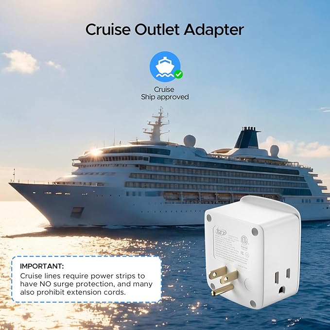 Cruise Ship Approved Outlet Extender, Non Surge Protector Power Strip with 3 AC Outlets & 2 USB (1 USB-C), Multi Plug Adapter, Travel Cruise Essentials, ETL Listed.