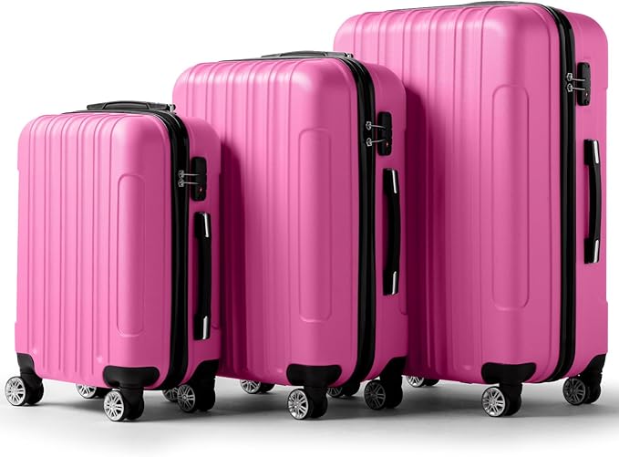 3 Piece Luggage Sets, Lightweight ABS Suitcase with 4 Spinner Wheels ＆ TSA Locks, Hardside Carry On Luggage Durable Suitcase Set for Family Travel Business - Pink, 20/24/28