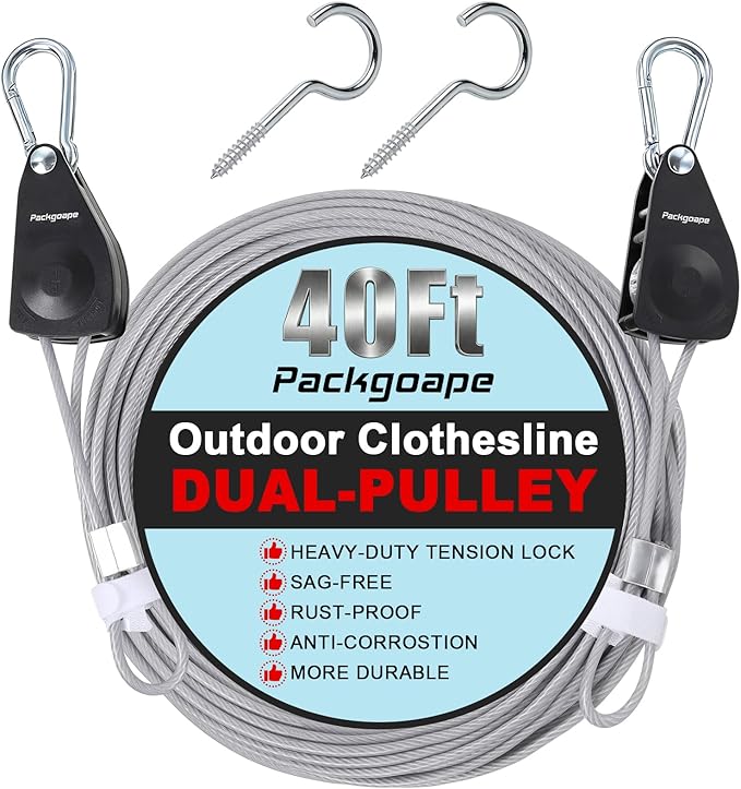 Retractable Clothesline Outdoors, Travel Clothes Drying Line, Heavy Duty Dual Pulley System with Nylon-Coated Steel Wire, Portable Laundry Line for Camping, Backyard, RV, Cruise Ships (40Ft)