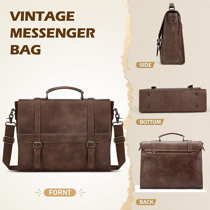 IGOLUMON Messenger Bag for Men 15.6 inch Vintage Leather Waterproof Laptop Briefcase for Men Large Computer Laptop Bag Leather Satchel Bag Retro Shoulder Bag for Office Business College, Dark Brown