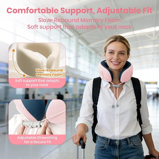 Medicane Pink Neck Travel Pillow with Massage, Neck Massager with Heat & Gentle Vibration Massage with Ergonomic Foam,Perfect for Airplane,Car,Office,Pain Relief,Sleeping,Traveling,Long Flight