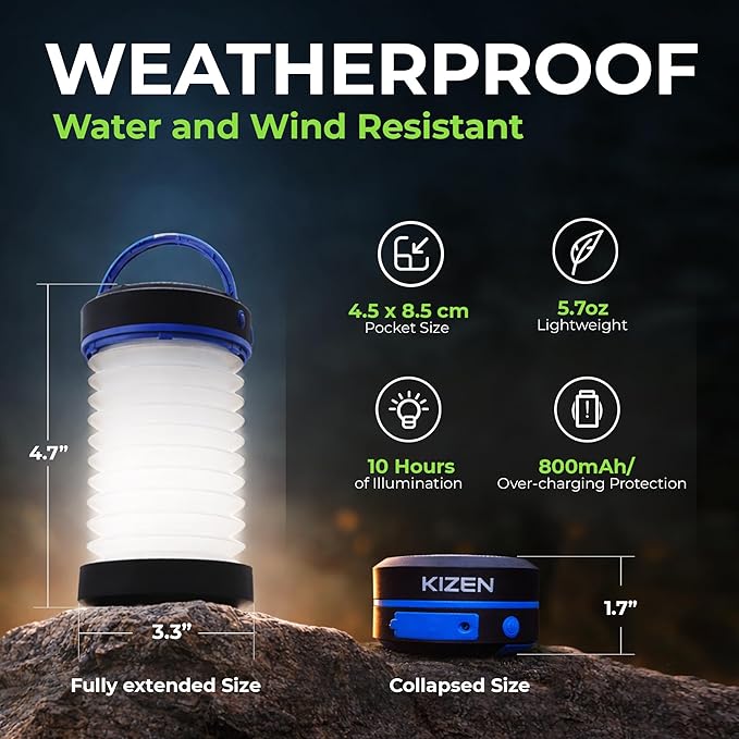 Kizen Outdoor Solar Lantern - Solar or Plug Rechargeable Lantern - Collapsible LED Light for Power Outages - Camping Essential Lamp for Tent Light, Hanging, or Flashlight