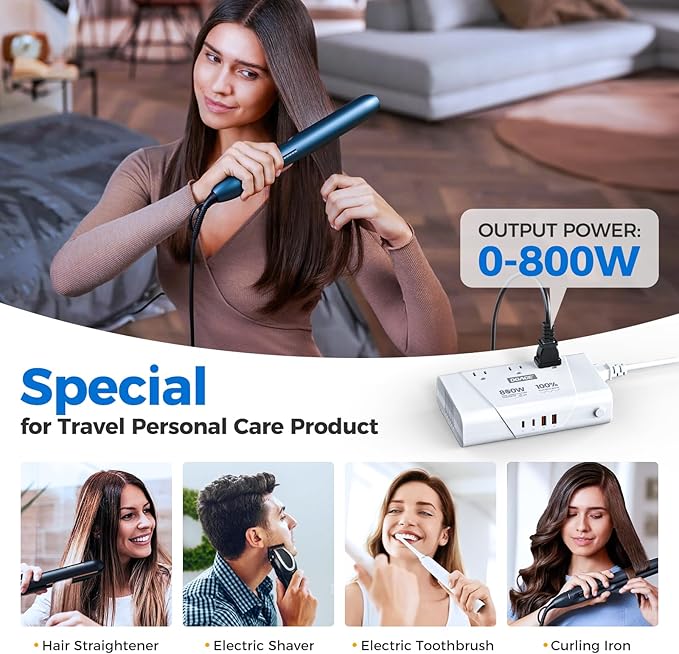 DOACE 800W Pure Sine Wave Voltage Converter US to Europe - 220V to 110V Converter for European Travel, Power Converter Adapter Combo with 35W PD and 30W QC USB Chargers for Using U.S. Devices Abroad