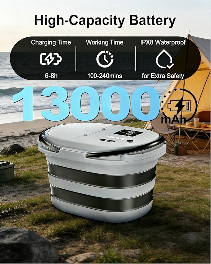 Portable Shower with 20L Foldable Bucket: Integrated Bucket + Shower Head,13000mAh Rechargeable Camping Shower with LED Display, Fruit Wash Mode, IPX8 Waterproof & 5-Speed,Portable for Travel,Pet Bath