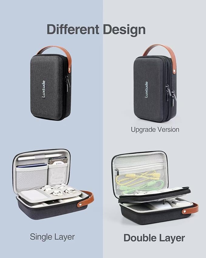 Luxtude Charger Organizer Travel Case, Double Layer Electronics Organizers, Hard Shell Zipper Case for Electronics, Travel Essentials, Black (External Size 8.5 x 5.9 x 3.1 Inch)