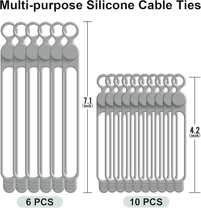 Silicone Cable Ties Cord Organizer for Cable Management, 16PCS 4.2" and 7.1" Reusable Cable Organizer Electronic Accessories for Home, Office, Kitchen, School, Travel (Grey)