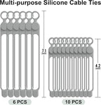 Silicone Cable Ties Cord Organizer for Cable Management, 16PCS 4.2" and 7.1" Reusable Cable Organizer Electronic Accessories for Home, Office, Kitchen, School, Travel (Grey)