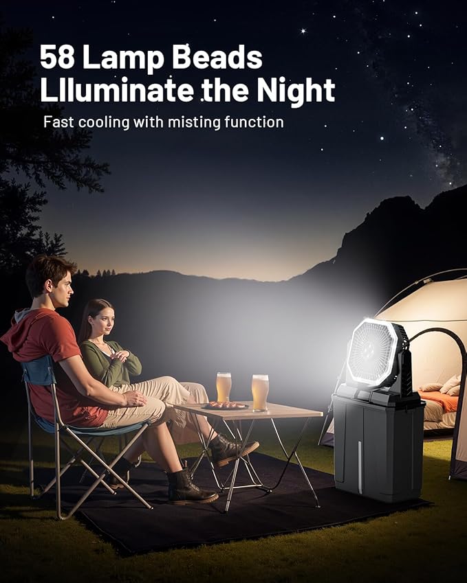 Allsion Rechargeable Misting Fan, 24000mAh Camping Misting Fan with 8L Water Bucket, 3-Speed Outdoor Cooling Fan with LED Lights, 120°Oscillation for Camping, Backyard, Patio,Outdoor-Black