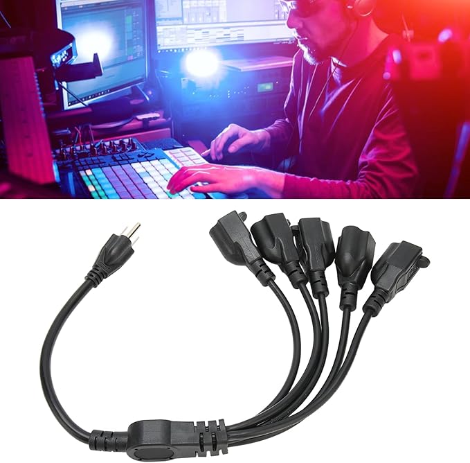 Extension Cord Splitter, 3 Prong 1 to 5 Outlet Splitter, 16AWG 18AWG 5 Way Outdoor Outlet Extender for Computer LED Stage Light