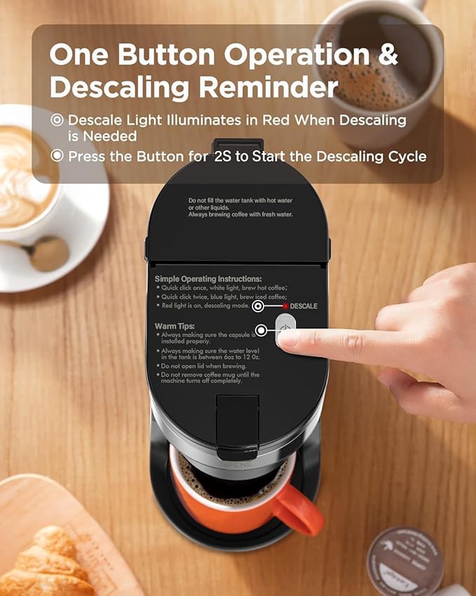 SIFENE Mini Coffee Maker Single Serve, One Cup for K Pod & Ground Coffee, 6 to 12 Oz Brew Sizes, Capsule Coffee Machine with Water Window and Descaling Reminder, Black