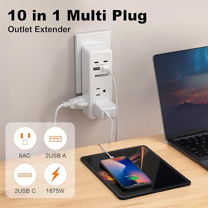Multi Plug Outlet Extender, 4USB Wall Charger, Wall Plug Splitter with 6 Outlets 450J Electrical Power Expander with Surge Protector,Spaced for Travel,Home, Office, White 2Pack