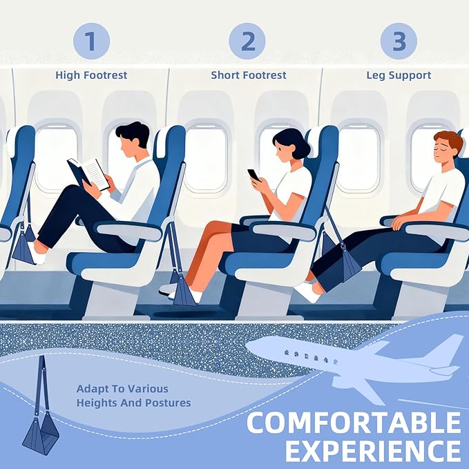 Airplane Foot Hammock, No Collapse Foot Rest for Plane Travel with Extended Adjustment Strap, Portable Desk Foot Hammock with,Cotton Denim, Foot Sling Travel Essentials to Relax Your Feet (Dark Blue)