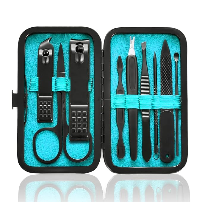 HANTEKAS Manicure Set 9 in 1 Stainless Steel, Nail Clippers Scissors Pedicure Tools Kit - Portable Travel Grooming Kit for Men and Women with Leather Case (Blue-BIG Nail Clipper)