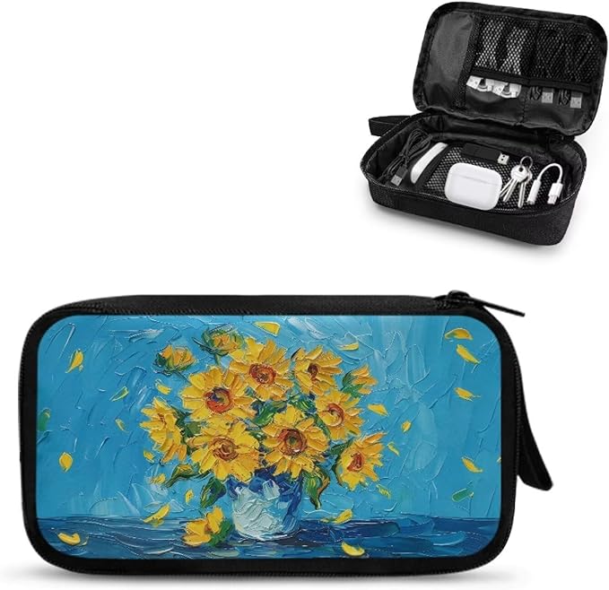 Artistic Sunflowers Electronic Organizer Cable Organizer Bag Travel Bag Cable Organizer Pouch Electronic Accessories Carry Case for SD Card Charger Phone Earphone Tech Pouch