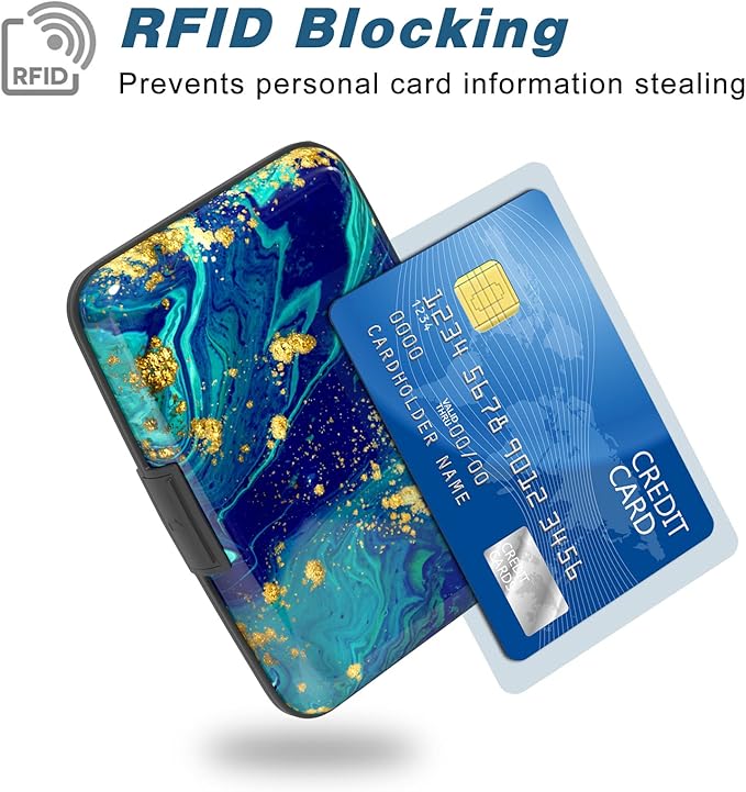 Credit Card Holder, Mini Aluminum Card Wallet RFID Blocking Slim Metal Hard Card Case for Women Men, Blue Green Marbling