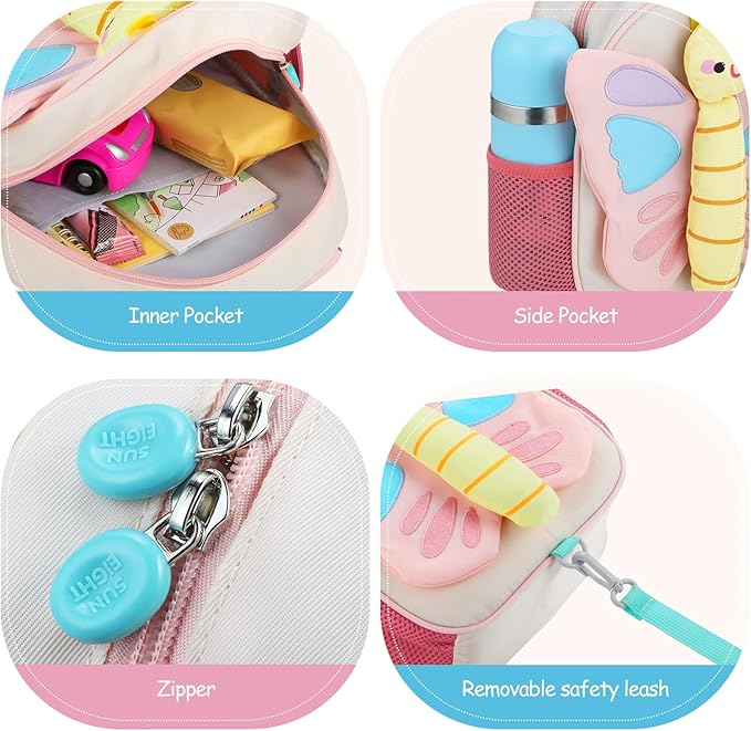 GAGAKU Kids Backpack with Leash for Girls Age 2-4, Cute 3D Butterfly Preschool Backpack, Lightweight Nylon Toddler Backpack for Kindergarten Travel School