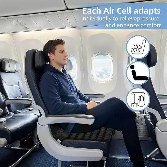 Travel Cushion - 3D Inflatable Pressure Relief Airplane Seat Cushion for Long Flights, Sciatica & Tailbone Pain Relief, Portable Foldable for Car, Office, Wheelchair