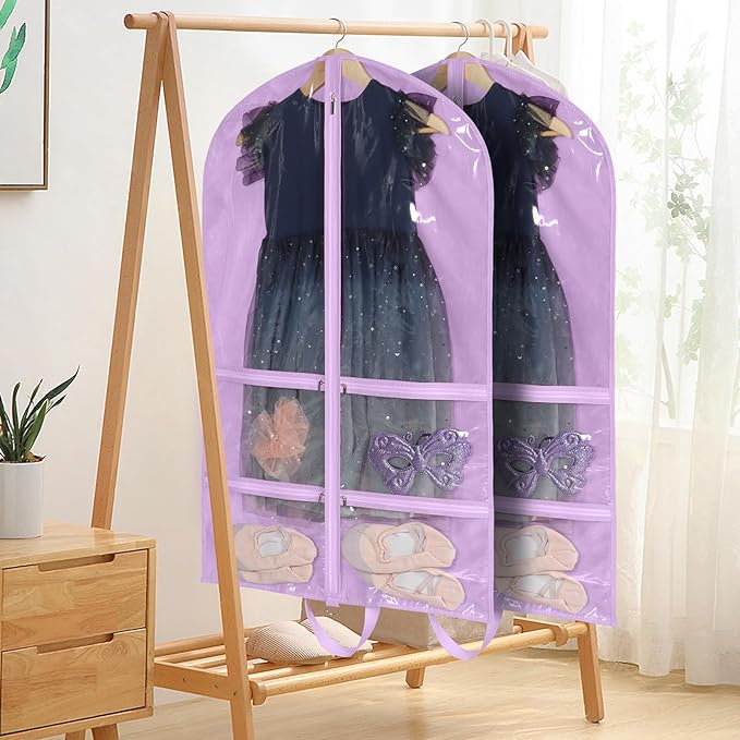 KEEGH Clear Garment Bags for Dance Costumes 40 inch Dance Garment Bags for Dancers Hanging Clothes for Closet Storage, with 4 Zipper Pockets for Competitions, Ballet, Theatre, 6 Pack, Purple