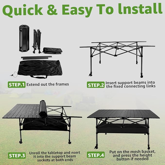 47in Portable Camping Table, Folding Beach Table, with Storage Net & Bag Easy to Carry, Prefect for Outdoor, Picnic, BBQ, Cooking, Festival, Beach, Home Use