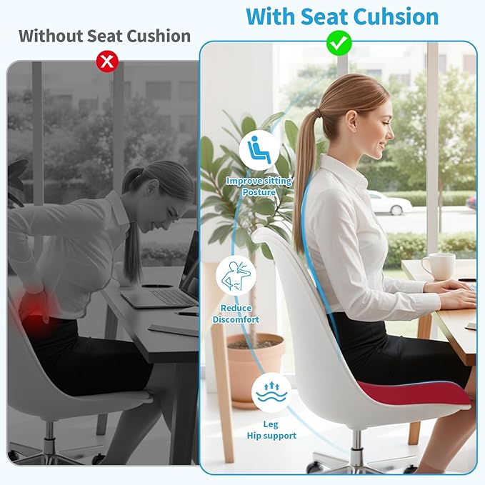 TranquilRelax XLarge Seat Cushion, Memory Foam Cushion for Long Sitting Hours on Office Chair, Home & Car, Non-Slip Chair Pad for Relieving Back & Sciatica & Hip & Coccyx Pain (Red)