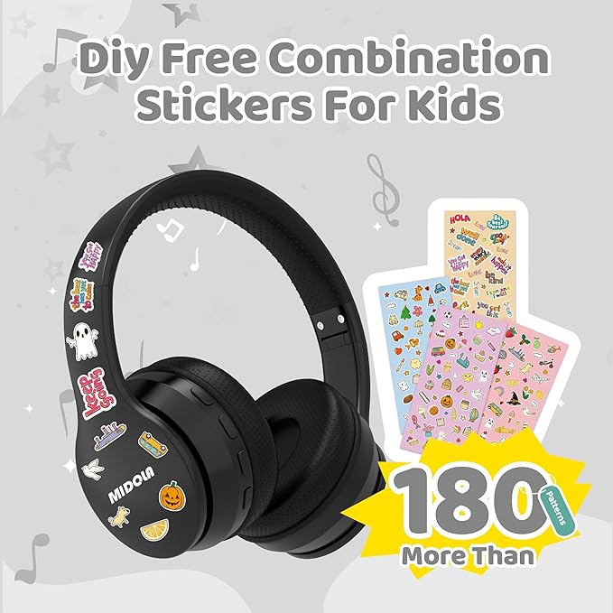 MIDOLA Kids Headphones Bluetooth 5.4 Wireless 68H Play Time Volume Limit 85/94dB Over-Ear Foldable Headset,Type-C Fast Charging,with Wired Aux Mic for Toddler Child Pad Tablet Black