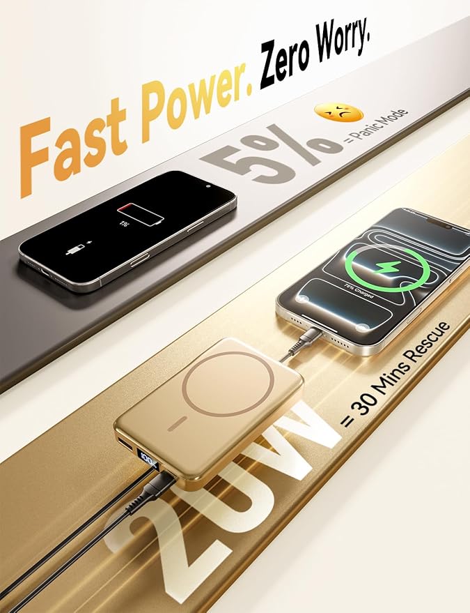 Aobbow Magnetic Portable Charger, 10000mAh MagSafe Battery Pack with LED Display, 20W USB-C Fast Charging Power Bank, Travel Essentials Wireless Charger for iPhone 17/16/15/14/13/12, Golden