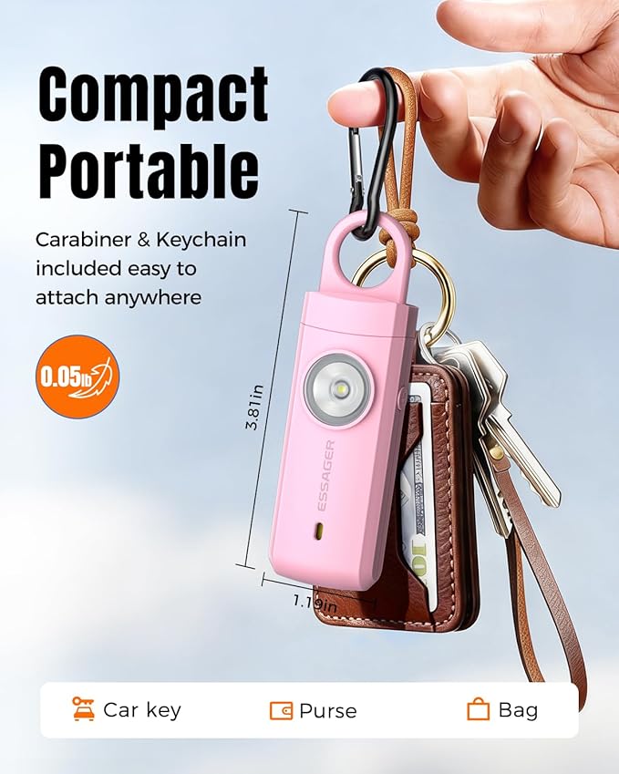 ESSAGER Personal Safety Alarm for Women, 130 dB Self Defense Siren, Rechargeable & Portable with Keychain and Carabiner, Low Battery Notice, LED Strobe Light for Kids, Seniors, College Students(Pink)
