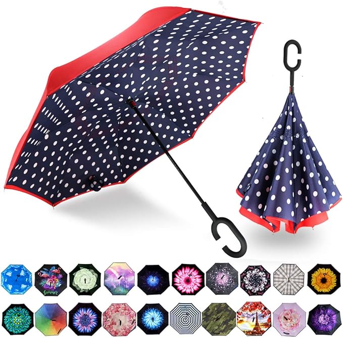 MRTLLOA 40/49/56 Inch Oversize Windproof Inverted Reverse Upside Down Umbrella, Golf Size Rain Umbrella, Double Layer, C-Shaped Handle for Men, Women and Kids