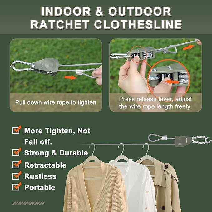 Vigorport Outdoor Retractable Clothesline, Portable Travel Clothes Line, Heavy Duty Rope Pully System with Metal Carabiner & Nylon Coating Wire Ropes for Camping, RV, Backyard（40Ft）