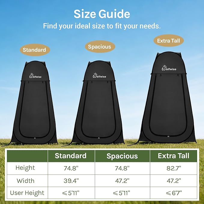 Wolfwise Pop Up Shower Tent for Camping Essentials, Portable Instant Changing Tent with Ventilation Window & Carry Bag, Privacy Dressing Room Bathroom Toilet for Beach & Outdoor, Standard, Black